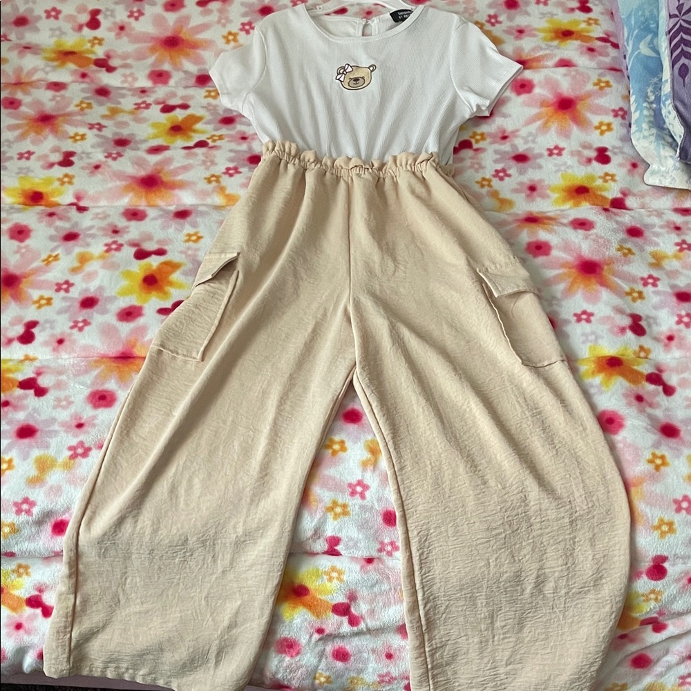 Beautees Cream Wide-Leg kids jumpsuit